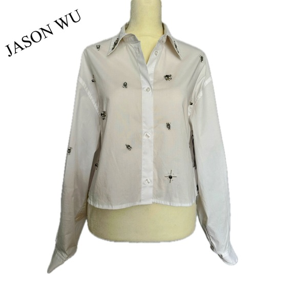 NWT JASON WU JEWEL COTTON SHIRT  OVERSIZED CROPPED FRONT RHINESTONE EMBELLISHED - Picture 1 of 16